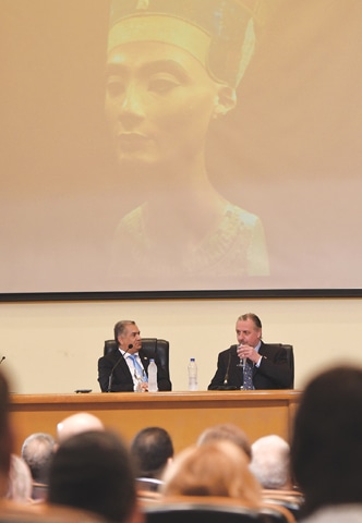 Cairo: British archaeologist Nicholas Reeves (right)and Egypt’s Minister of Antiquities Mamdouh Damati addressing a press conference here on Thursday.—AFP