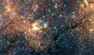  Quantum connections between two particles can persist even if the two particles are on opposite sides of the universe. (Here, a star cluster within our Milky Way galaxy.) Enlarge Photo credit: NASA/JPL-Caltech, D. Figer (Space Telescope Science Institute/Rochester Institute of Technology), E. Churchwell (University of Wisconsin, Madison) and the GLIMPSE Legacy Team 