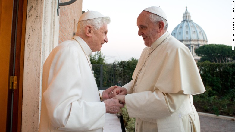 Pope Francis meets with Pope Emeritus Benedict XVI in the Vatican in December 2013. Benedict surprised the world by resigning "because of advanced age." It was the first time a pope has stepped down in nearly 600 years.