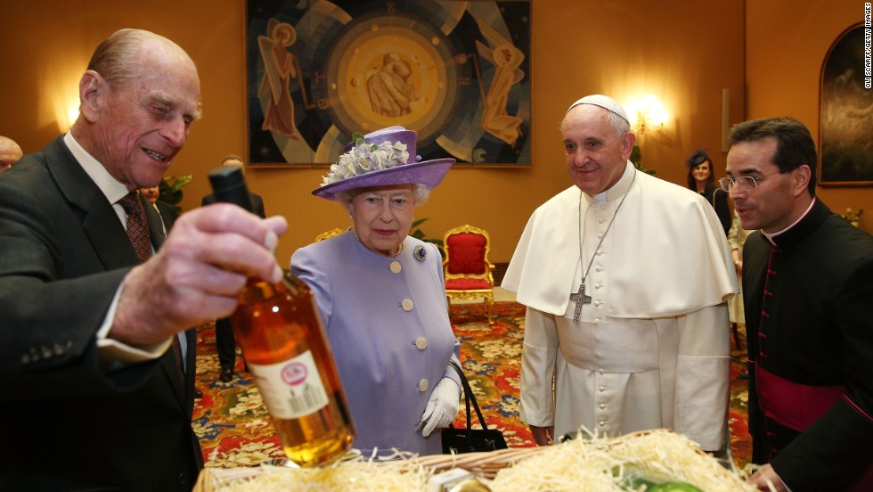 Queen Elizabeth II and Prince Philip, Duke of Edinburgh, have an audience with the Pope during their one-day visit to Rome in April 2014.