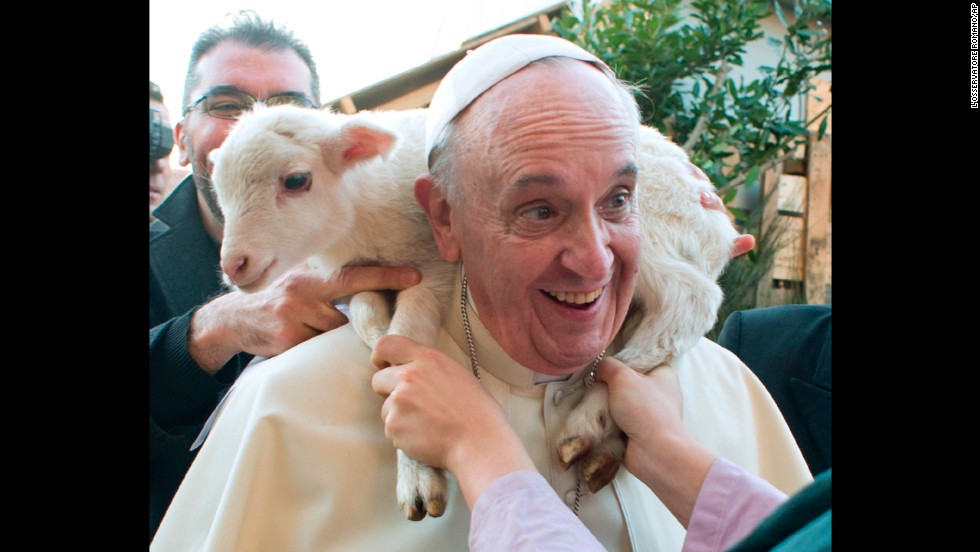 A lamb is placed around Francis' neck in January 2014 as he visits a living nativity scene staged at a church on the outskirts of Rome.