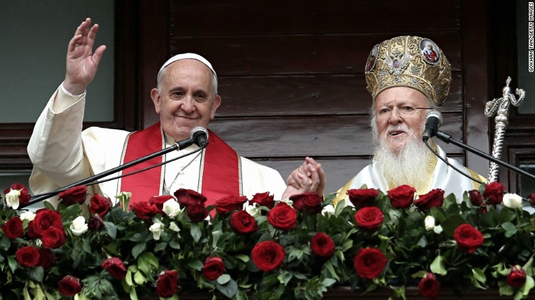 Pope Francis and Ecumenical Patriarch Bartholomew I address the faithful in Istanbul on Sunday, November 30.