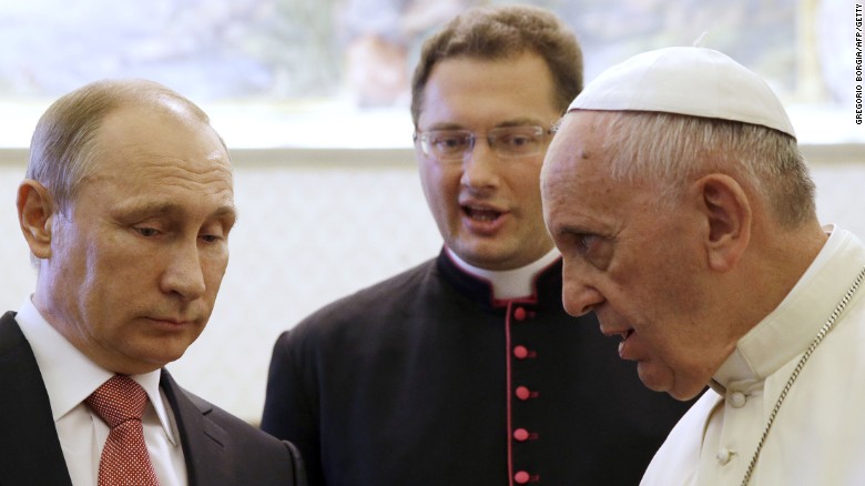 Russian President Vladimir Putin, left, <a href="http://www.cnn.com/2015/06/10/world/putin-italy-visit/index.html" target="_blank">meets Pope Francis</a> at the Vatican on Wednesday, June 10. The Pope gave Putin a medallion depicting the angel of peace, Vatican spokesman Federico Lombardi said. The Vatican called it "an invitation to build a world of solidarity and peace founded on justice." Lombardi said the pontiff and President talked for 50 minutes about the crisis in Ukraine and violence in Iraq and Syria.