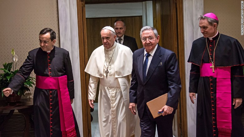 Pope Francis meets with Cuban President Raul Castro at the Vatican on Sunday, May 10. Castro thanked the Pope for his role in brokering the rapprochement between Havana and Washington. 