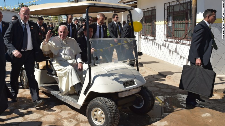 Pope Francis arrives for his visit with prisoners in Santa Cruz, Bolivia, on Friday, July 10. The Pope emphasized the plight of the poor during <a href="http://www.cnn.com/2015/07/05/americas/gallery/pope-francis-south-america/index.html" target="_blank">his eight-day tour of South America,</a> which also included stops in Ecuador and Paraguay.